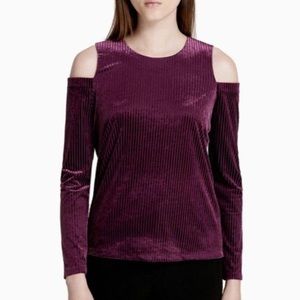 Medium Calvin Klein Raisin-Color Striped Long Sleeve Blouse with Cold Shoulder